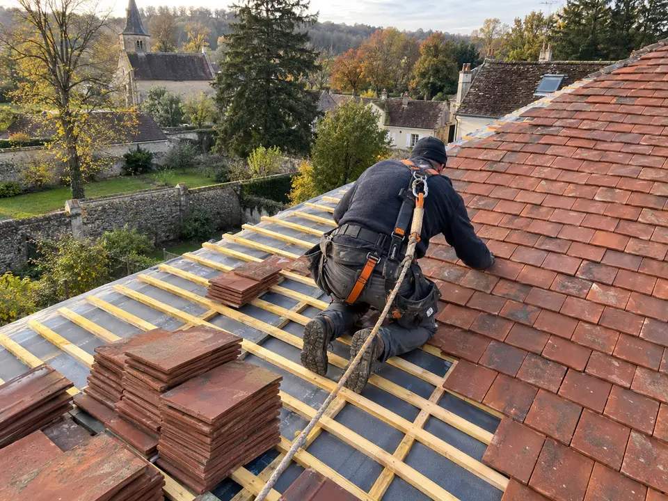 Réfection d'une toiture en tuiles plates au Perray-en-Yvelines, pose des tuiles plates